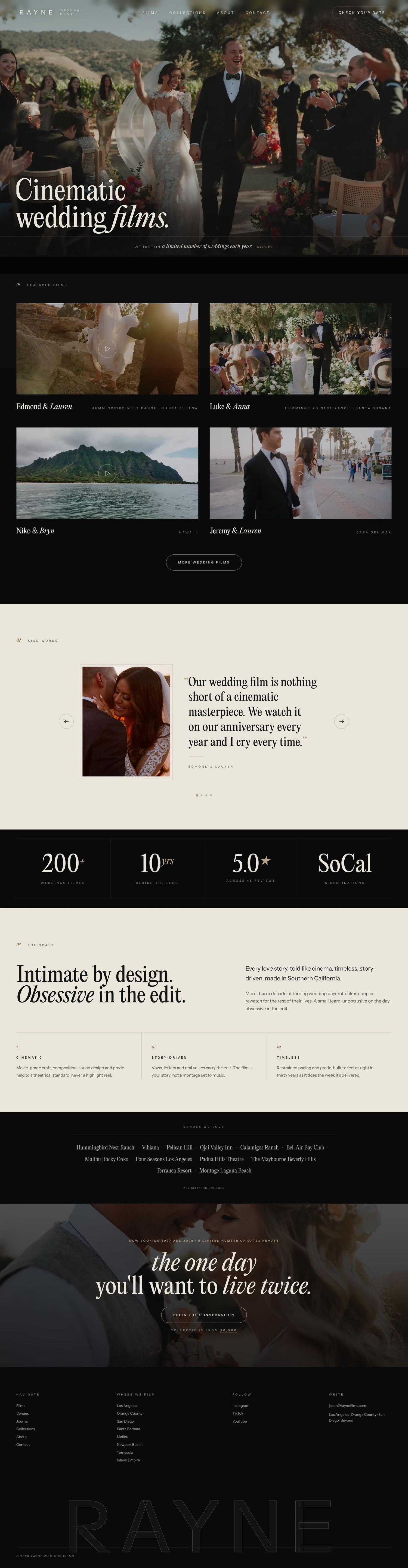 The full raynefilms.com home page, scrolling on its own
